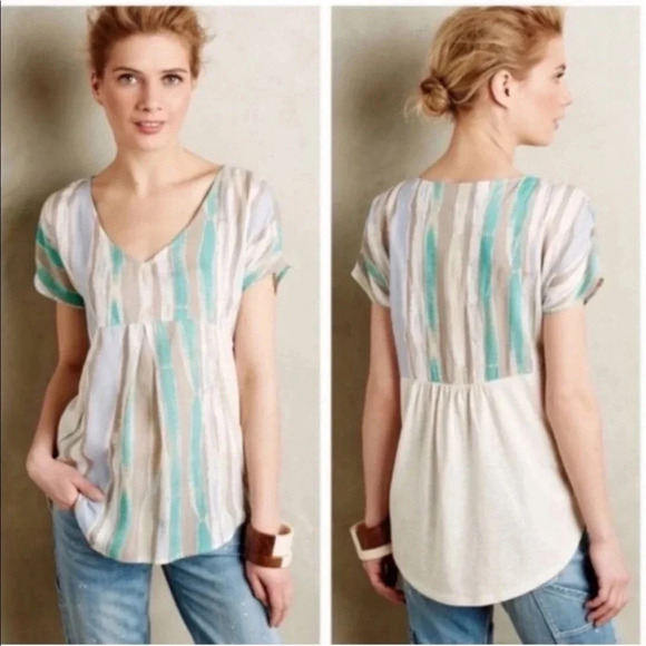 Anthropologie Porridge Elva Watercolor Aqua Grey Mixed Media Blouse Size Small - Picture 2 of 8